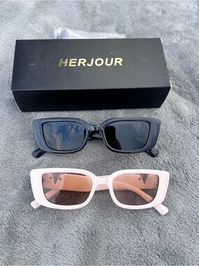 NWT! Herjour 90’s Style Small Frame Rectangle Sunglasses - 2 Pack- Black & Beige